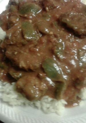 A picture of Sheree's Savory Pepper Steak in the crockpot.