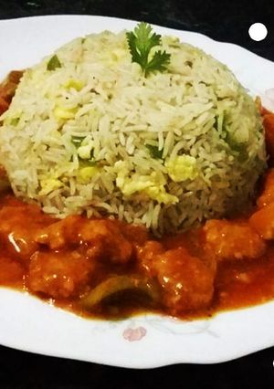 A picture of Chicken Manchurian with fried rice.