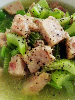 A picture of Celery with luncheon meat.