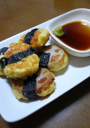 A picture of Pan-Fried Cheese Hanpen and Lotus Root with Seaweed.