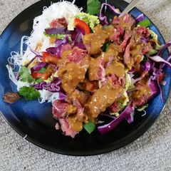 A picture of Zingy Coleslaw Satay with Rare Beef.