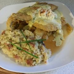 A picture of Brad's fried trout w/ lemon caper bernaise sauce & bacon risotto.