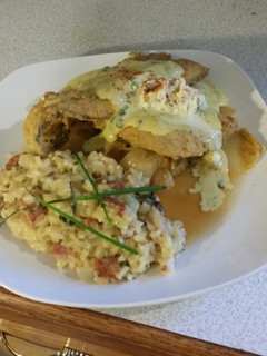 A picture of Brad's fried trout w/ lemon caper bernaise sauce & bacon risotto.