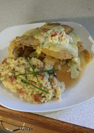 A picture of Brad's fried trout w/ lemon caper bernaise sauce & bacon risotto.