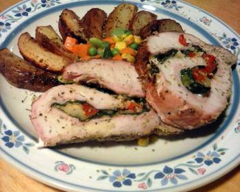 Without Fail Cooking Recipe spinach and pepper stuffed pork loin with parmesan potato wedges and mixed veggies Delicious Nutritious