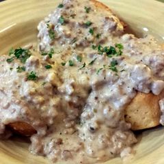 A picture of Meaty Biscuits and Gravy.