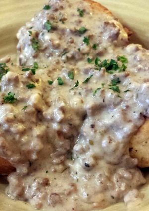 A picture of Meaty Biscuits and Gravy.