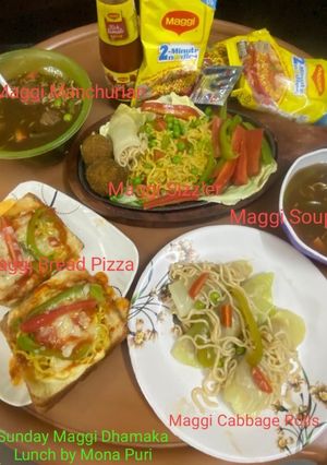 A picture of Sunday Maggi Dhamaka Lunch #Maggipizza #Maggisizzler #MaggicabbageRolls #MaggiManchurian #MaggiSoup.