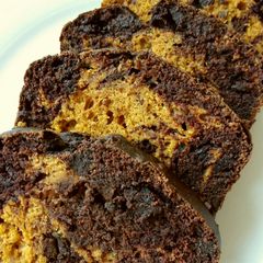 A picture of Vickys Pumpkin Chocolate Marble Loaf GF DF EF SF NF.