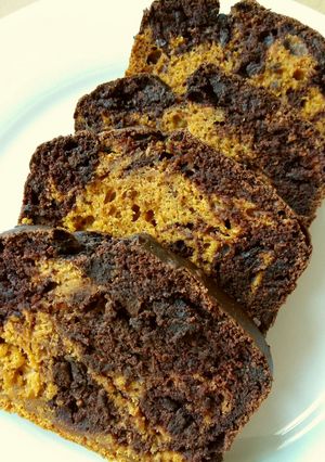 A picture of Vickys Pumpkin Chocolate Marble Loaf GF DF EF SF NF.