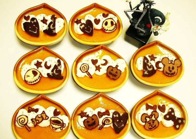 Kabocha Squash Custard Puddings Decorated with Chocolate Characters for Halloween