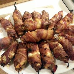 A picture of Beef and Cheese stuffed Jalapeños with Bacon.