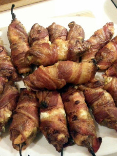 A picture of Beef and Cheese stuffed Jalapeños with Bacon.