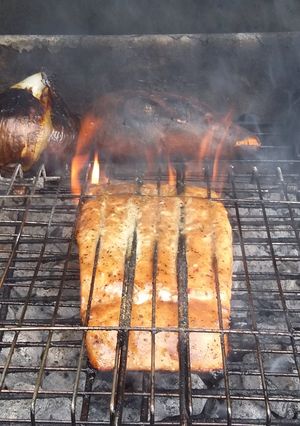 A picture of Grilled Salmon with Sweet Potato and Onion.