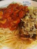 Tofu parm with mushroom marinara sauce, angel hair pasta