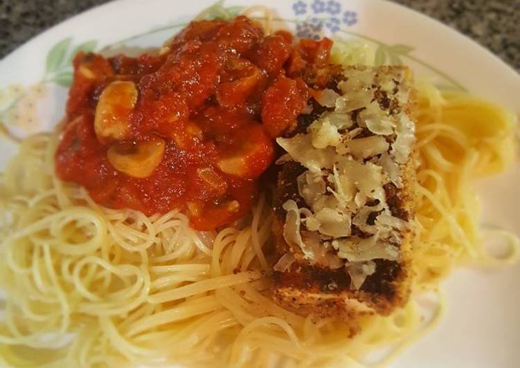 Tofu parm with mushroom marinara sauce, angel hair pasta Tofu parm with mushroom marinara sauce, angel hair pasta