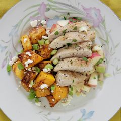 A picture of Chicken Breast with White Bean and Apple Salsa and Sautéed Butternut Squash and Feta.