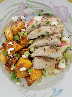 A picture of Chicken Breast with White Bean and Apple Salsa and Sautéed Butternut Squash and Feta.