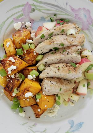 A picture of Chicken Breast with White Bean and Apple Salsa and Sautéed Butternut Squash and Feta.