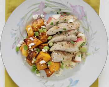 Unique Recipe Chicken Breast with White Bean and Apple Salsa and Sauted Butternut Squash and Feta Delicious and Healthy