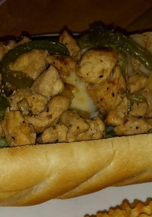A picture of Chicken philly cheese steak.