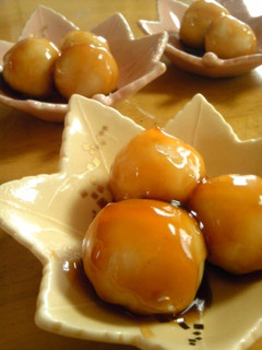A picture of Mitarashi Dango (Sweet Rice Dumplings) made with Tofu and Rice Flour.