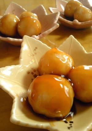 A picture of Mitarashi Dango (Sweet Rice Dumplings) made with Tofu and Rice Flour.