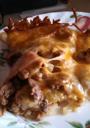 A picture of Turkey cheese burger with bacon casserole.