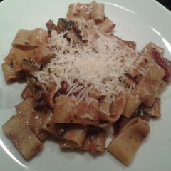 A picture of Pasta with olive tapenade.