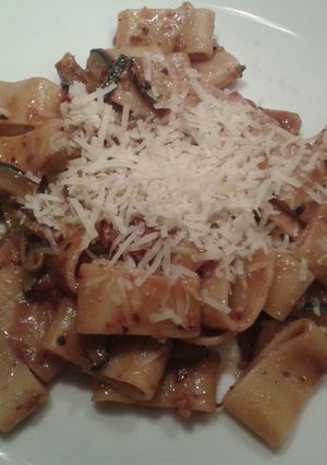 A picture of Pasta with olive tapenade.