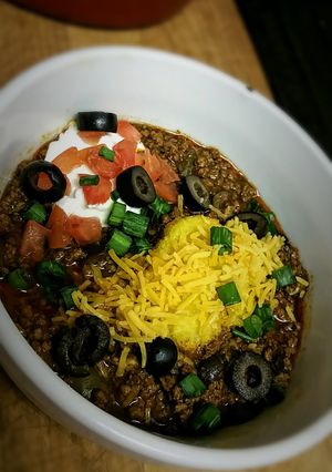 A picture of Crockpot Santa Fe Chili with Polenta Dumplings.