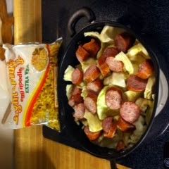 Fried cabbage and noodles with kielbasa A picture of Fried cabbage and noodles with kielbasa.