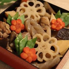 For Osechi! Cute & Extravagant With Decorative Vegetables - Chikuzen-ni A picture of For Osechi! Cute & Extravagant With Decorative Vegetables - Chikuzen-ni.
