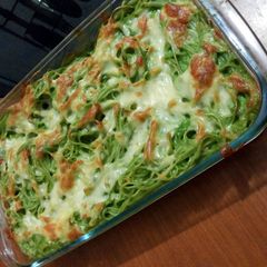 A picture of Spaghetti baked in Cheesy Spinach Sauce.