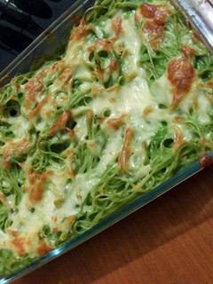 A picture of Spaghetti baked in Cheesy Spinach Sauce.