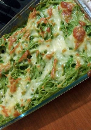 A picture of Spaghetti baked in Cheesy Spinach Sauce.