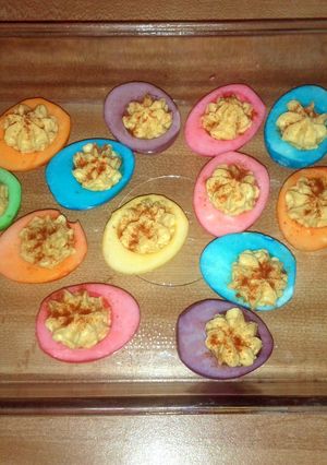 A picture of Easter deviled eggs.