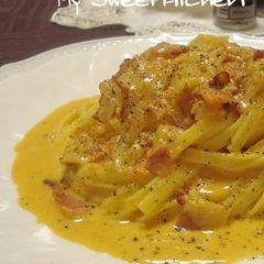 A picture of Tomato Carbonara With Plenty Of Bacon.