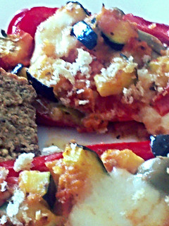 A picture of Sig's stuffed sweet peppers with vegetables and mozzarella.