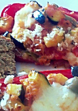 A picture of Sig's stuffed sweet peppers with vegetables and mozzarella.