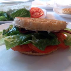 A picture of Waffle BLT's with a tangy herb sauce.