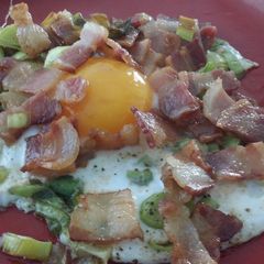 A picture of Bacon Sautéed Leeks and Duck Egg.