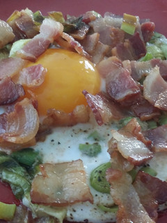 A picture of Bacon Sautéed Leeks and Duck Egg.