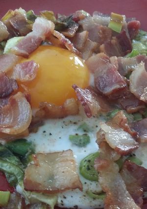 A picture of Bacon Sautéed Leeks and Duck Egg.