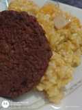 Risotto vegano de calabaza con hamburguesa