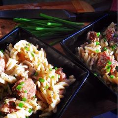 Creamy Pasta with Pork, Mushrooms & Chives A picture of Creamy Pasta with Pork, Mushrooms & Chives.