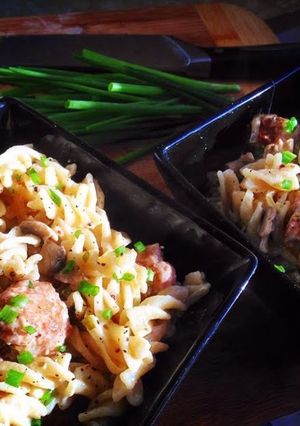 A picture of Creamy Pasta with Pork, Mushrooms & Chives.
