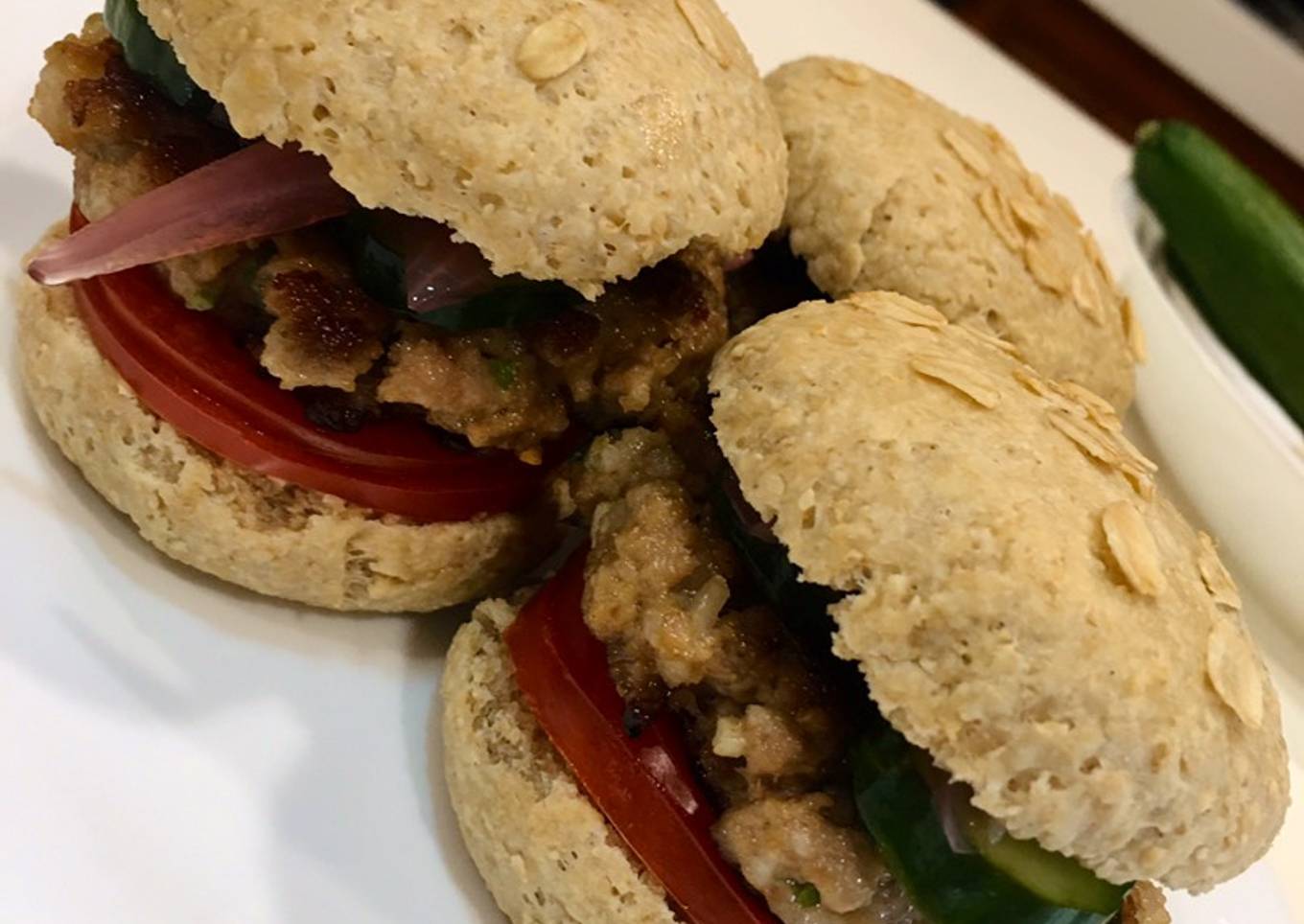 Homemade oat burger (patty,pickles) Thai flavor