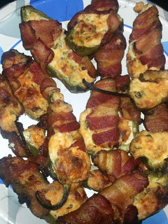 A picture of Bacon wrapped jalapeno poppers.