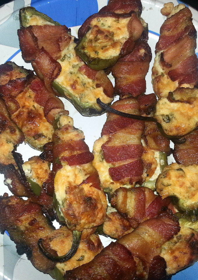 A picture of Bacon wrapped jalapeno poppers.